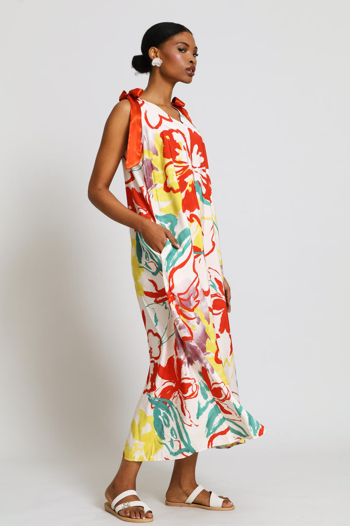 Bow Ties V-Neck Slip Midi Dress - White Multi