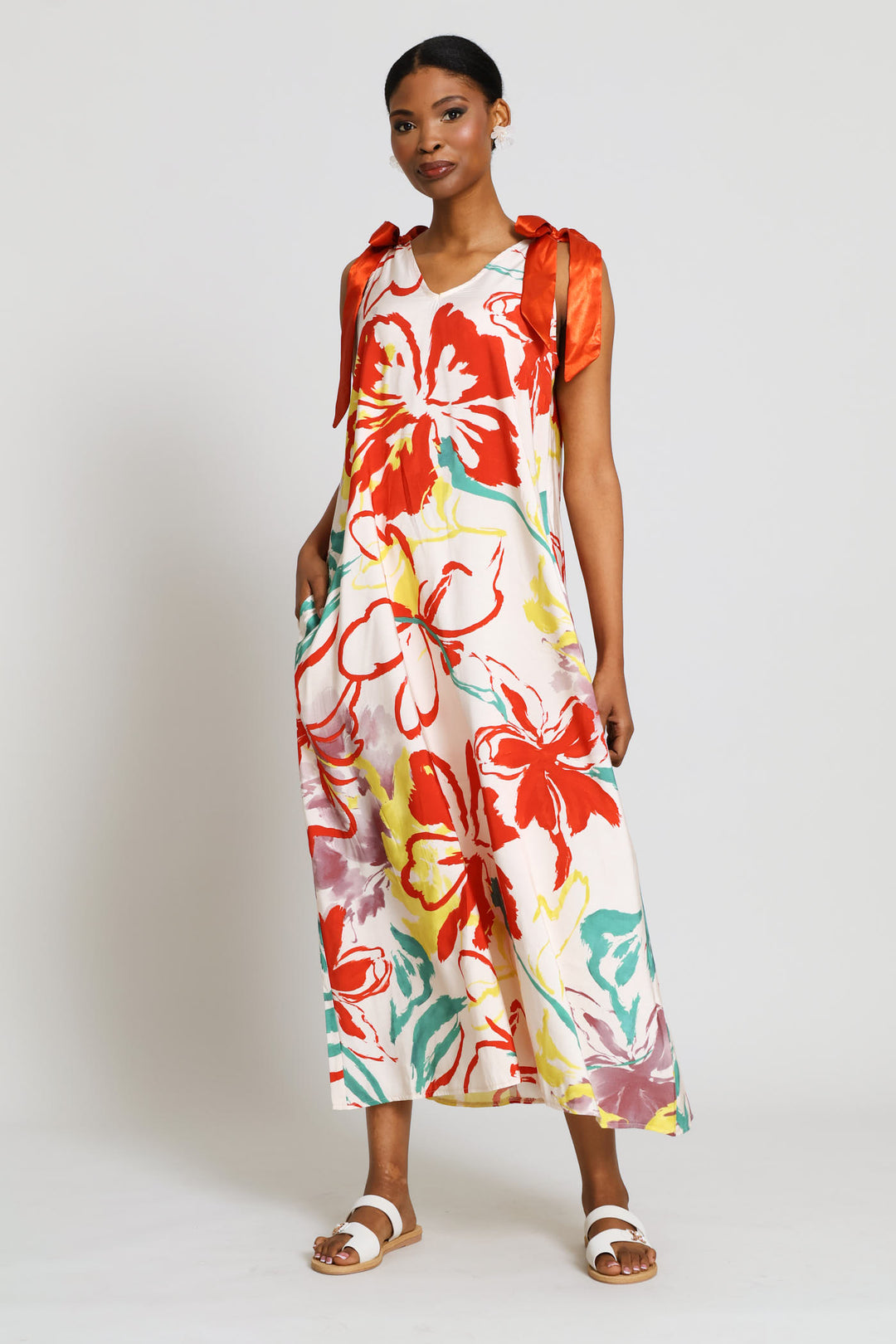 Bow Ties V-Neck Slip Midi Dress - White Multi