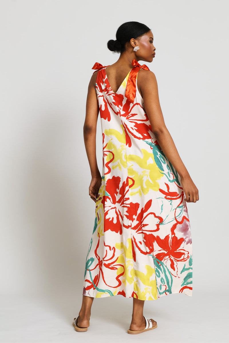Bow Ties V-Neck Slip Midi Dress - White Multi