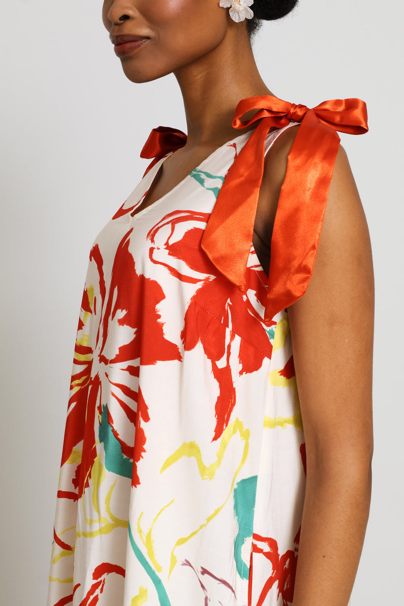 Bow Ties V-Neck Slip Midi Dress - White Multi
