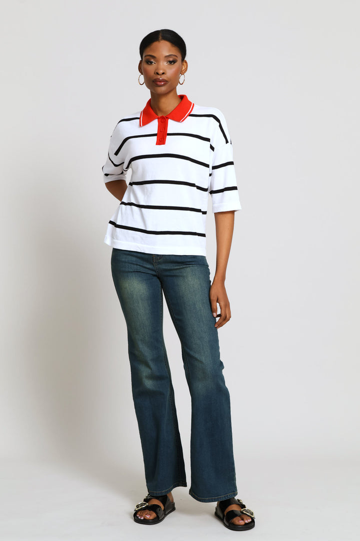 Boxy Stripe Knitwear Golfer - White/Black