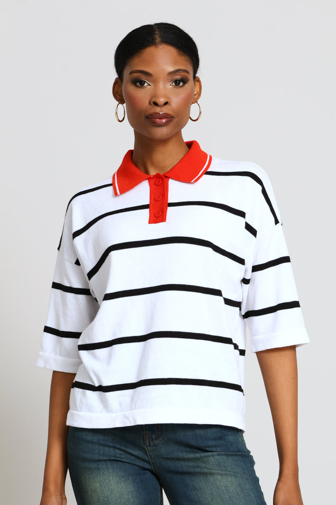 Boxy Stripe Knitwear Golfer - White/Black