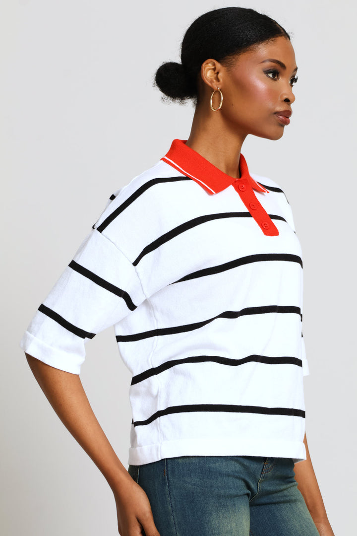 Boxy Stripe Knitwear Golfer - White/Black