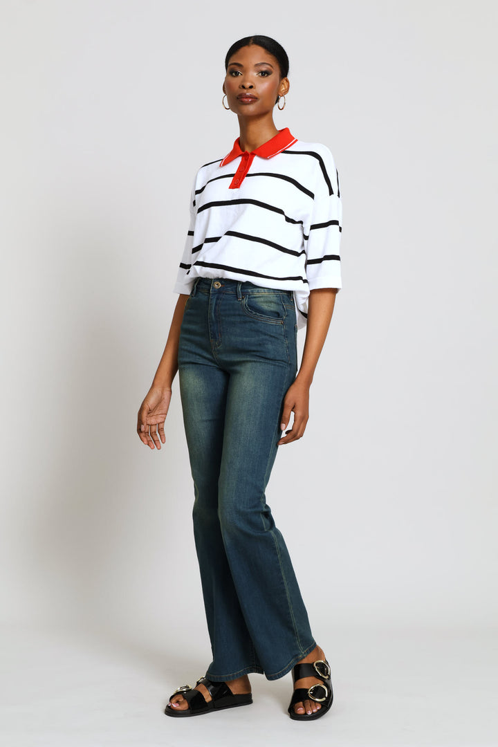 Boxy Stripe Knitwear Golfer - White/Black