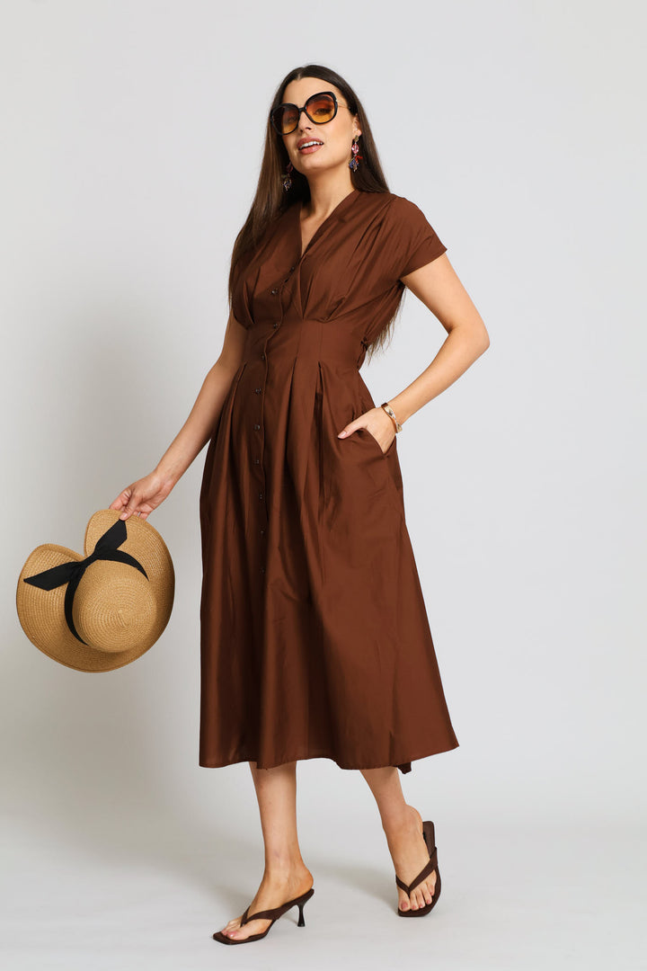 V-Neck Pleated Bodice Button Through Midaxi Dress - Chocolate