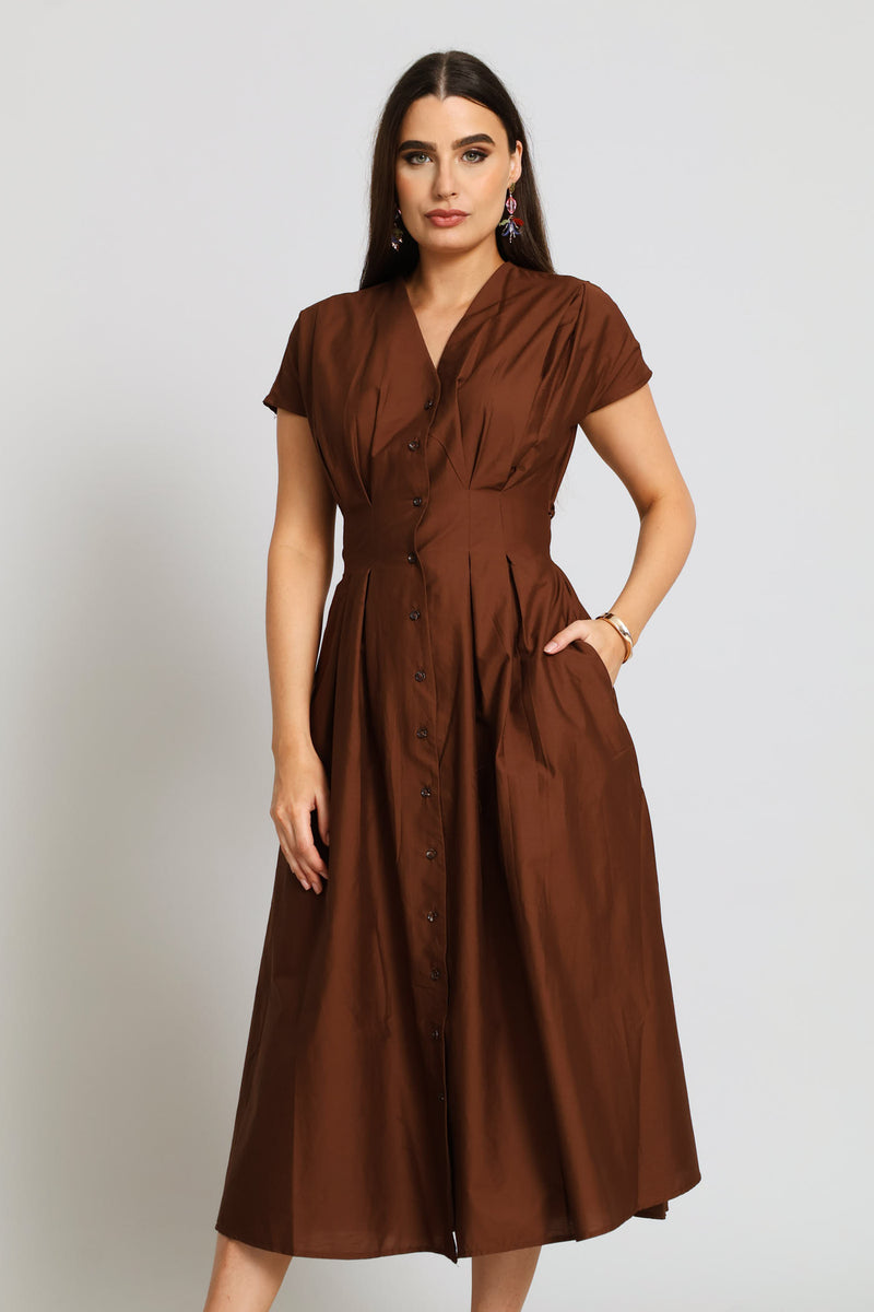 V-Neck Pleated Bodice Button Through Midaxi Dress - Chocolate