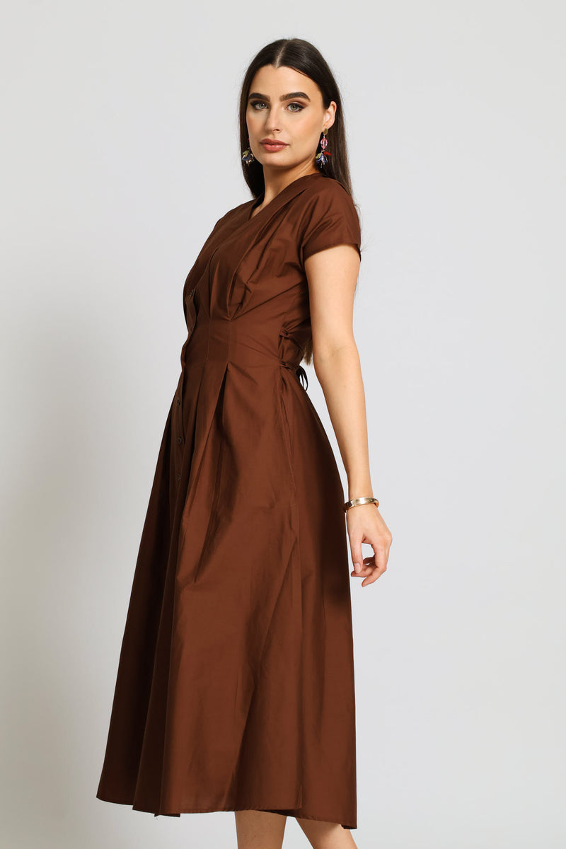 V-Neck Pleated Bodice Button Through Midaxi Dress - Chocolate