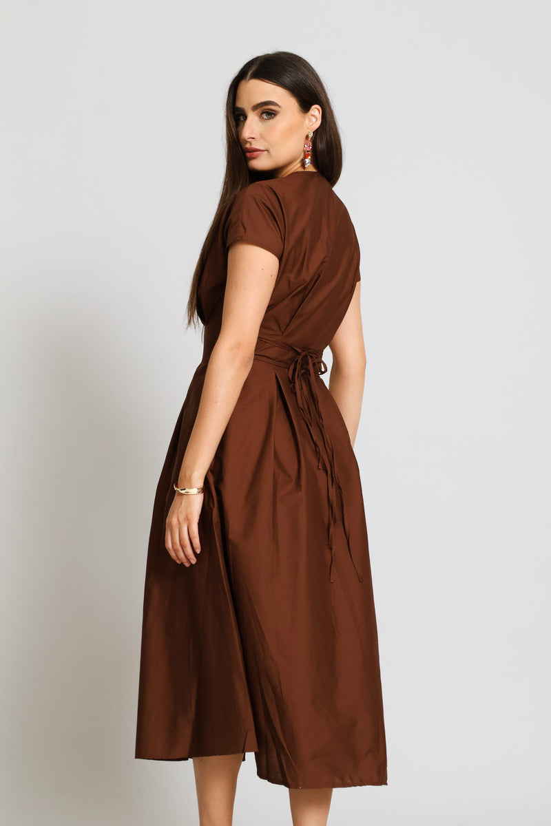 V-Neck Pleated Bodice Button Through Midaxi Dress - Chocolate
