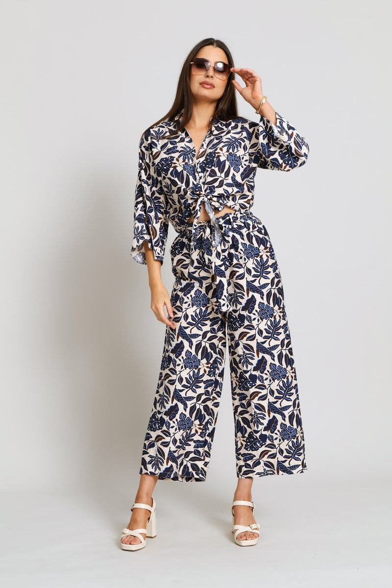 Pull On Self Belt Linen Culotte Pants - Blue