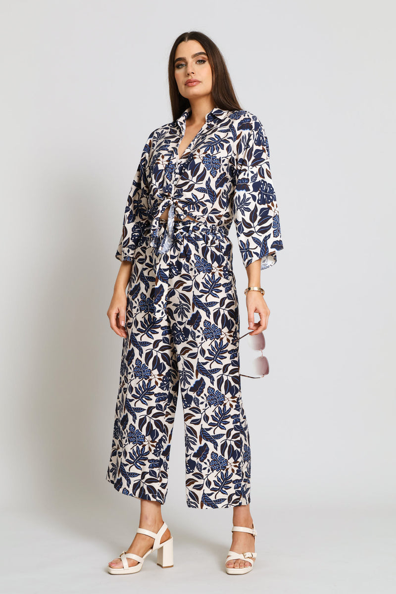 3/4 Sleeve Tie Front Linen Shirt - Blue