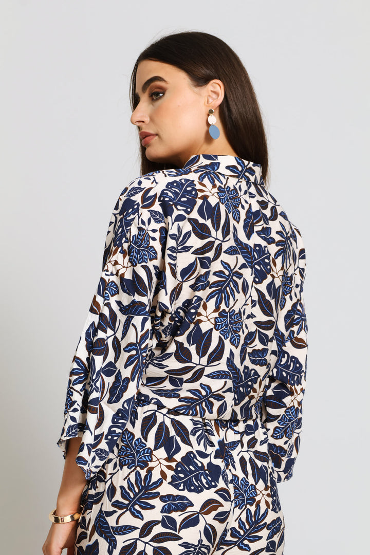 3/4 Sleeve Tie Front Linen Shirt - Blue