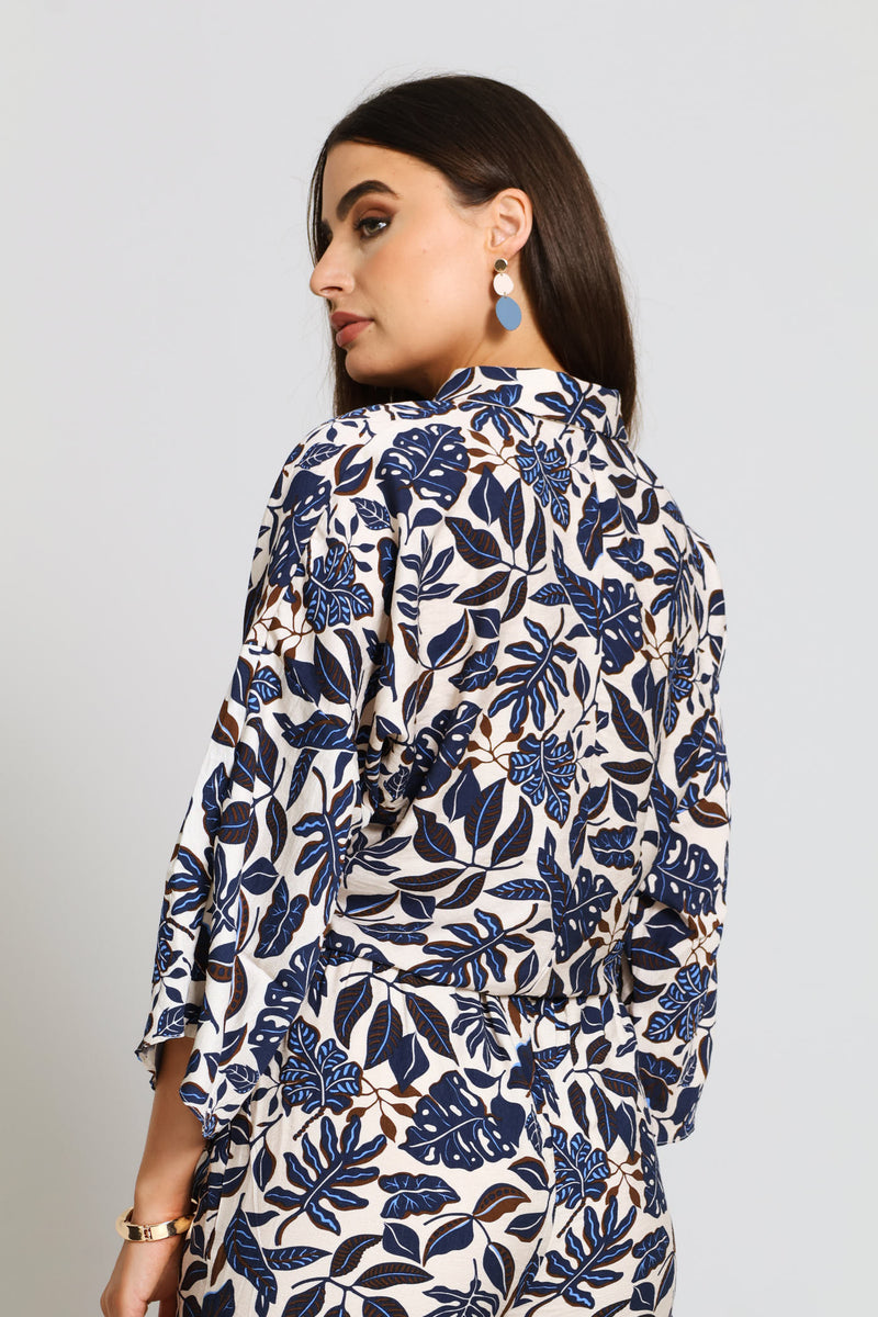 3/4 Sleeve Tie Front Linen Shirt - Blue