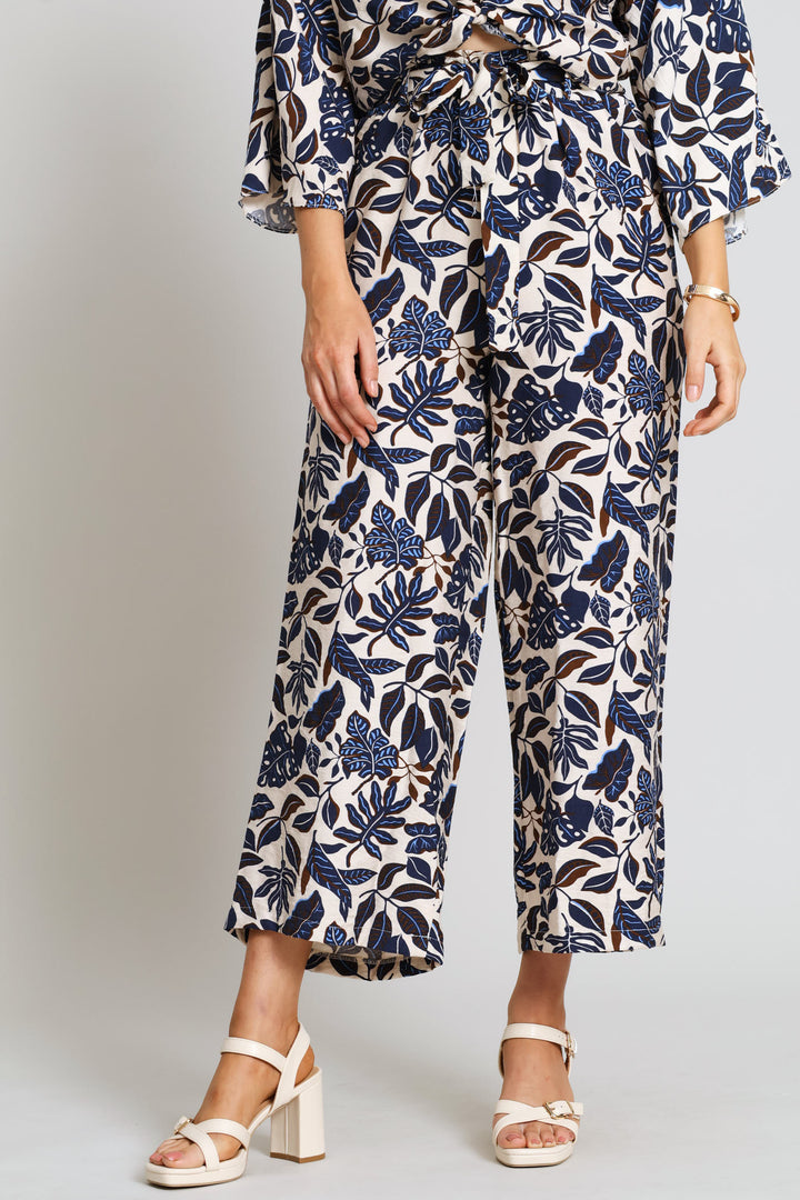 Pull On Self Belt Linen Culotte Pants - Blue