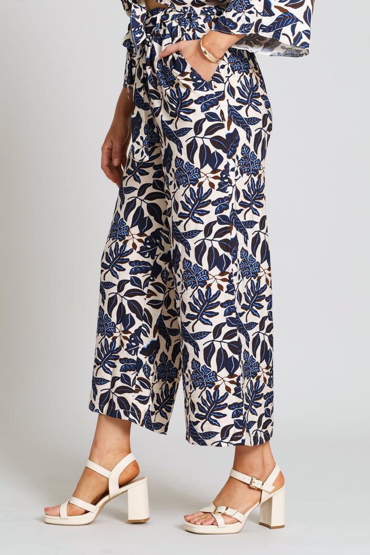 Pull On Self Belt Linen Culotte Pants - Blue