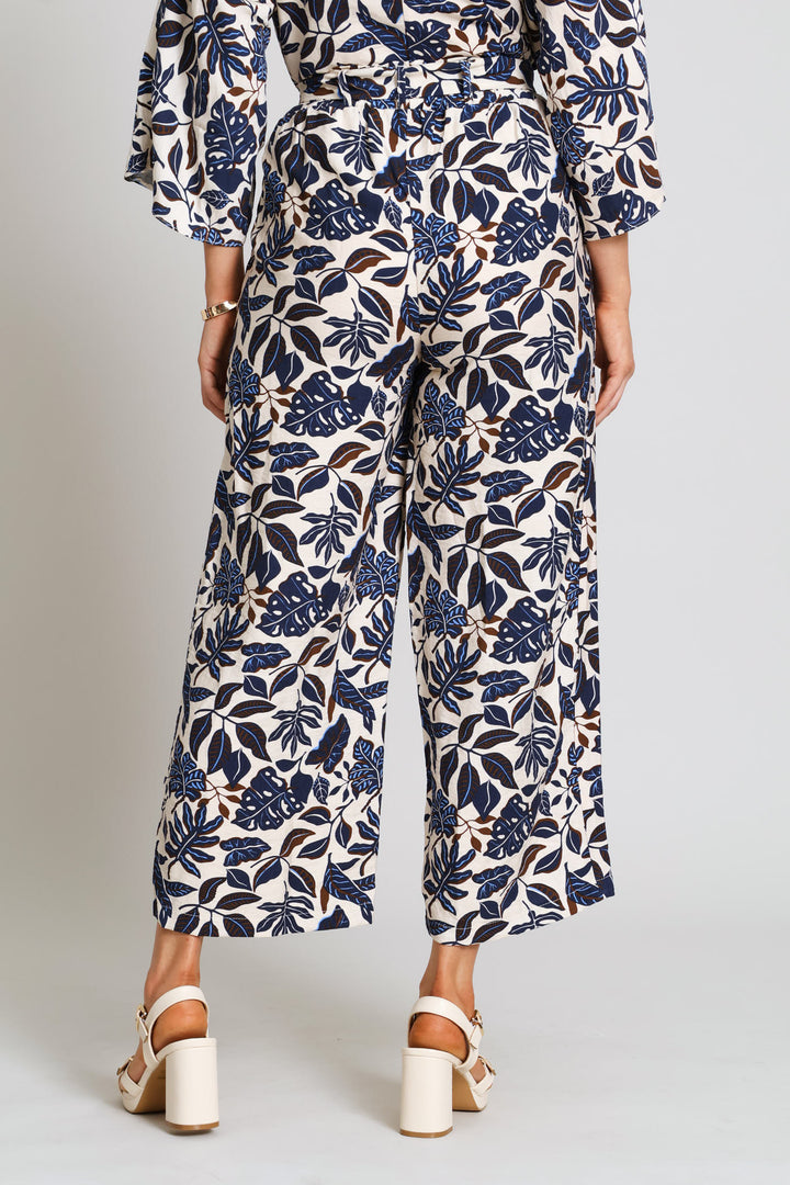 Pull On Self Belt Linen Culotte Pants - Blue