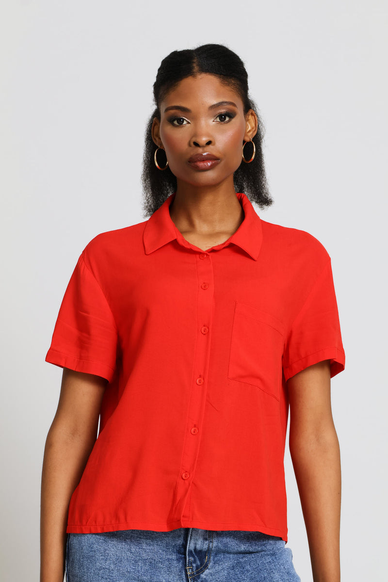 Boxy Pocket Viscose Shirt - Dark Orange