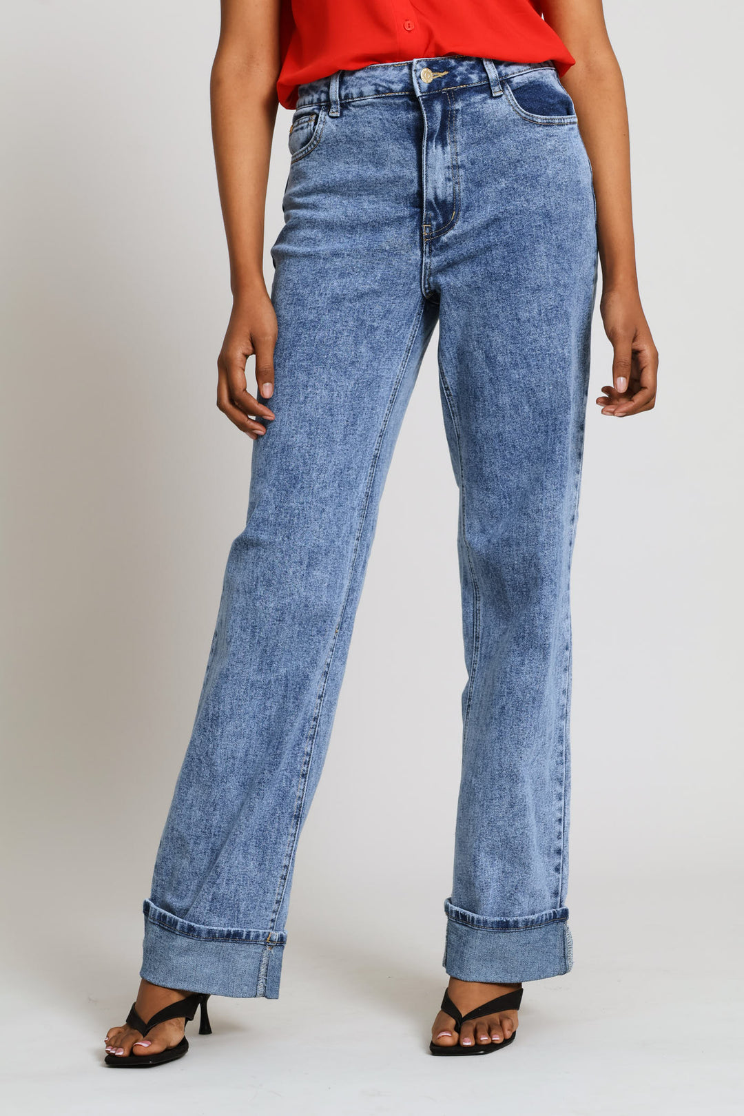 Hi-Rise Turn Up Hem Wide Leg Denim - Mid Wash