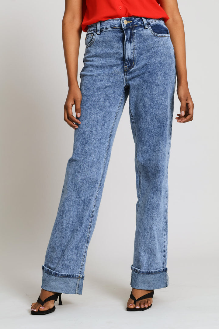 Hi-Rise Turn Up Hem Wide Leg Denim - Mid Wash