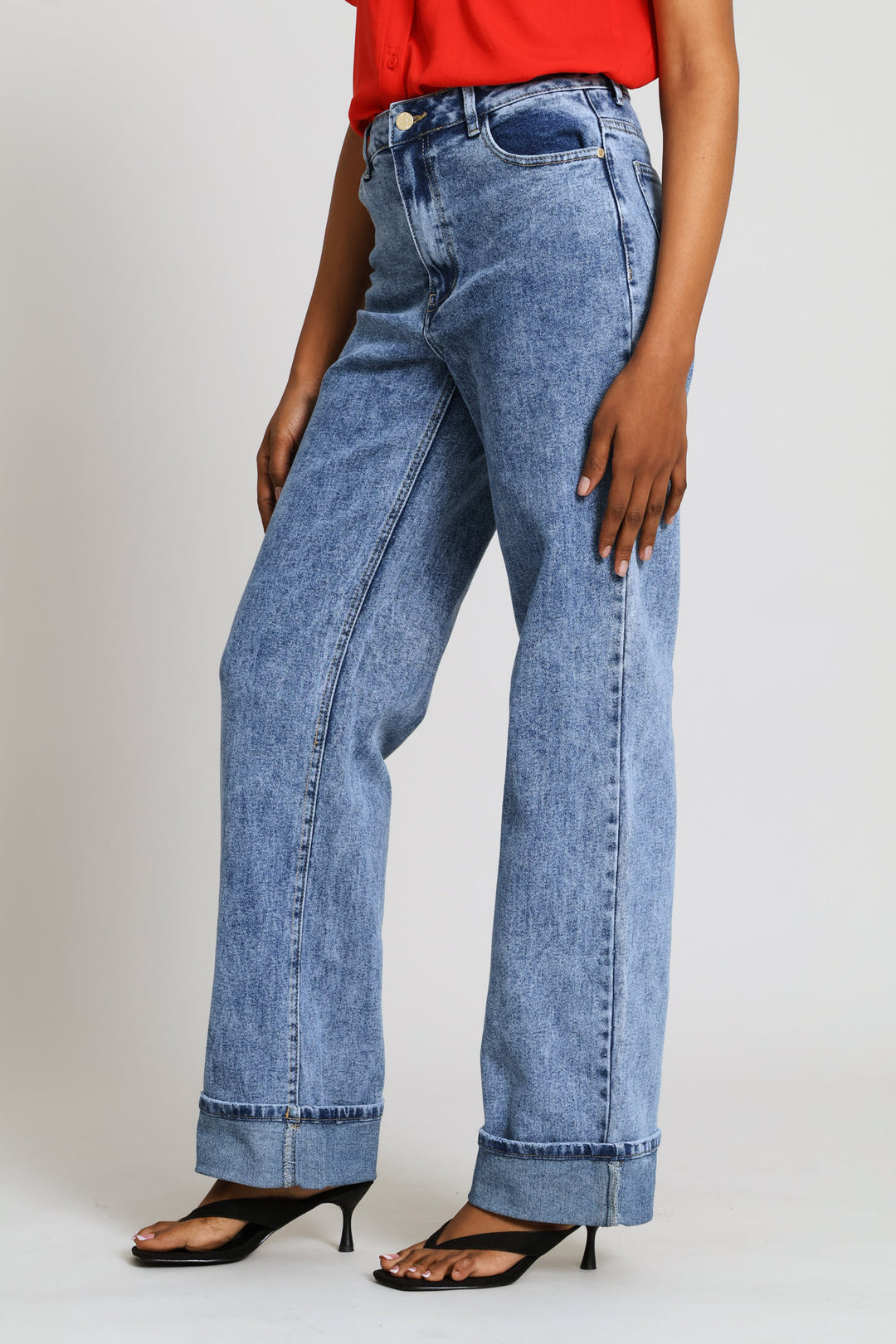 Hi-Rise Turn Up Hem Wide Leg Denim - Mid Wash