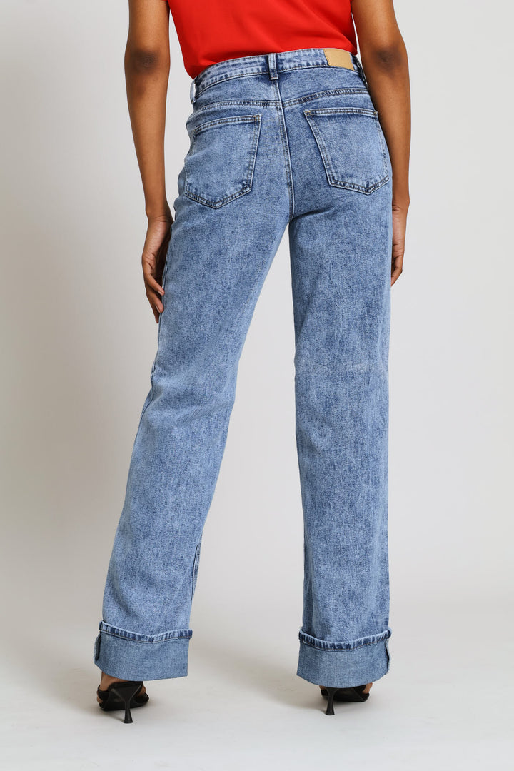 Hi-Rise Turn Up Hem Wide Leg Denim - Mid Wash