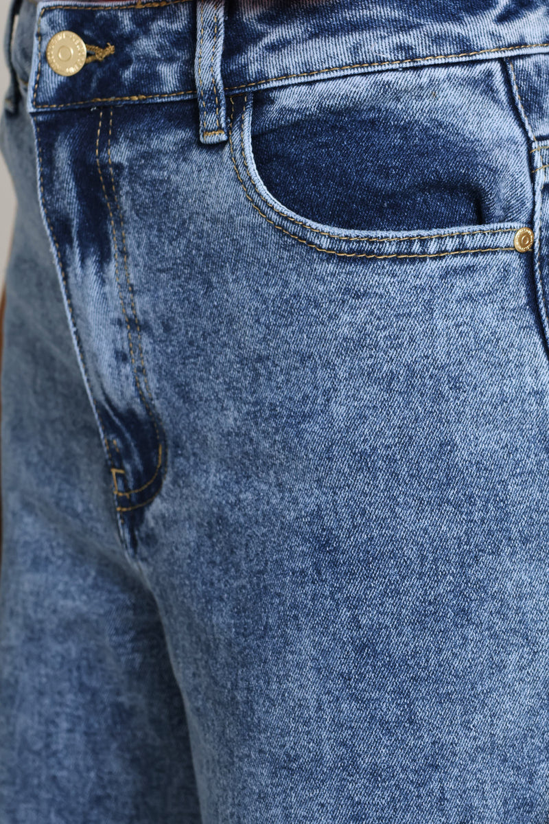 Hi-Rise Turn Up Hem Wide Leg Denim - Mid Wash