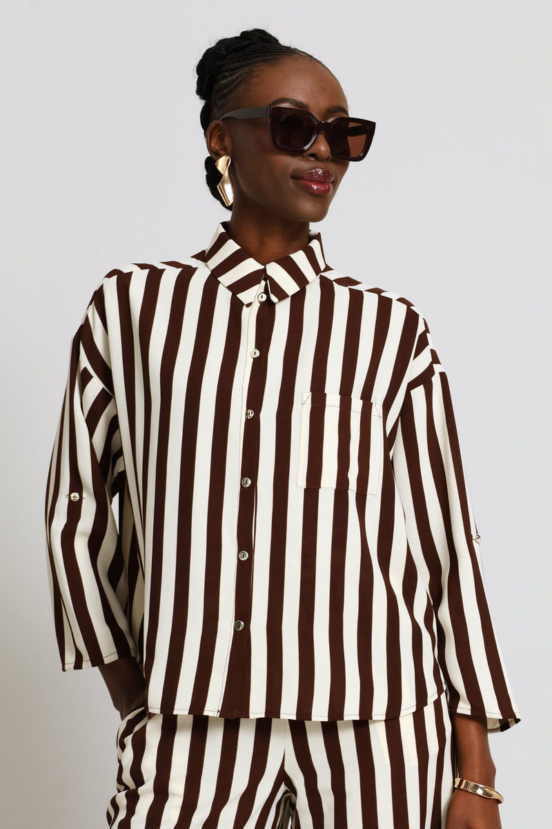 Long Sleeve Roll-up Relaxed Shirt - Dark Brown/Cream