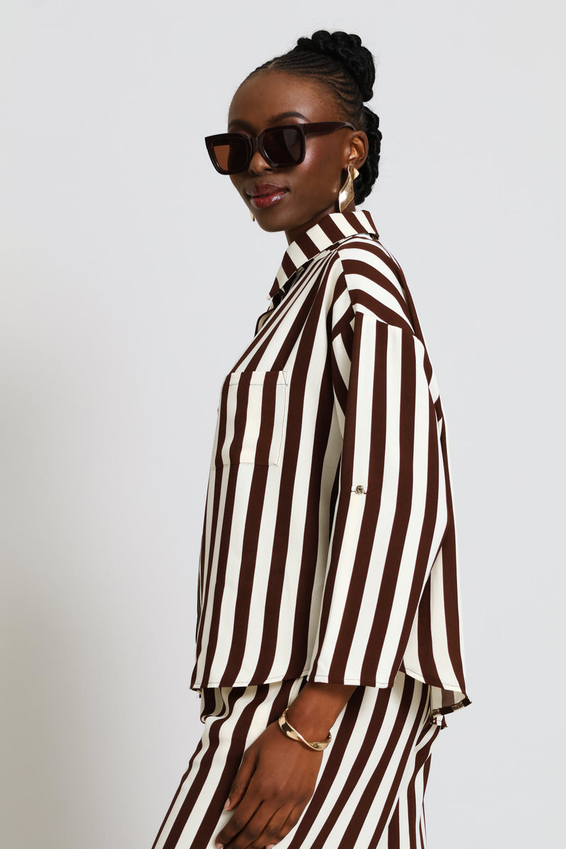 Long Sleeve Roll-up Relaxed Shirt - Dark Brown/Cream