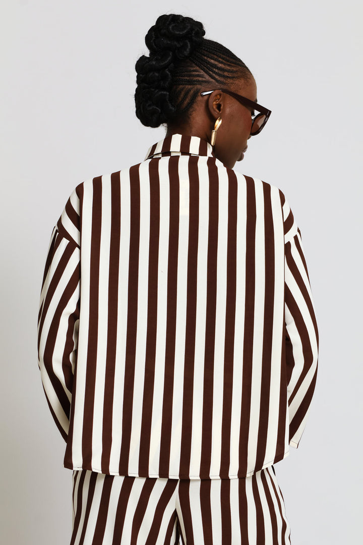 Long Sleeve Roll-up Relaxed Shirt - Dark Brown/Cream