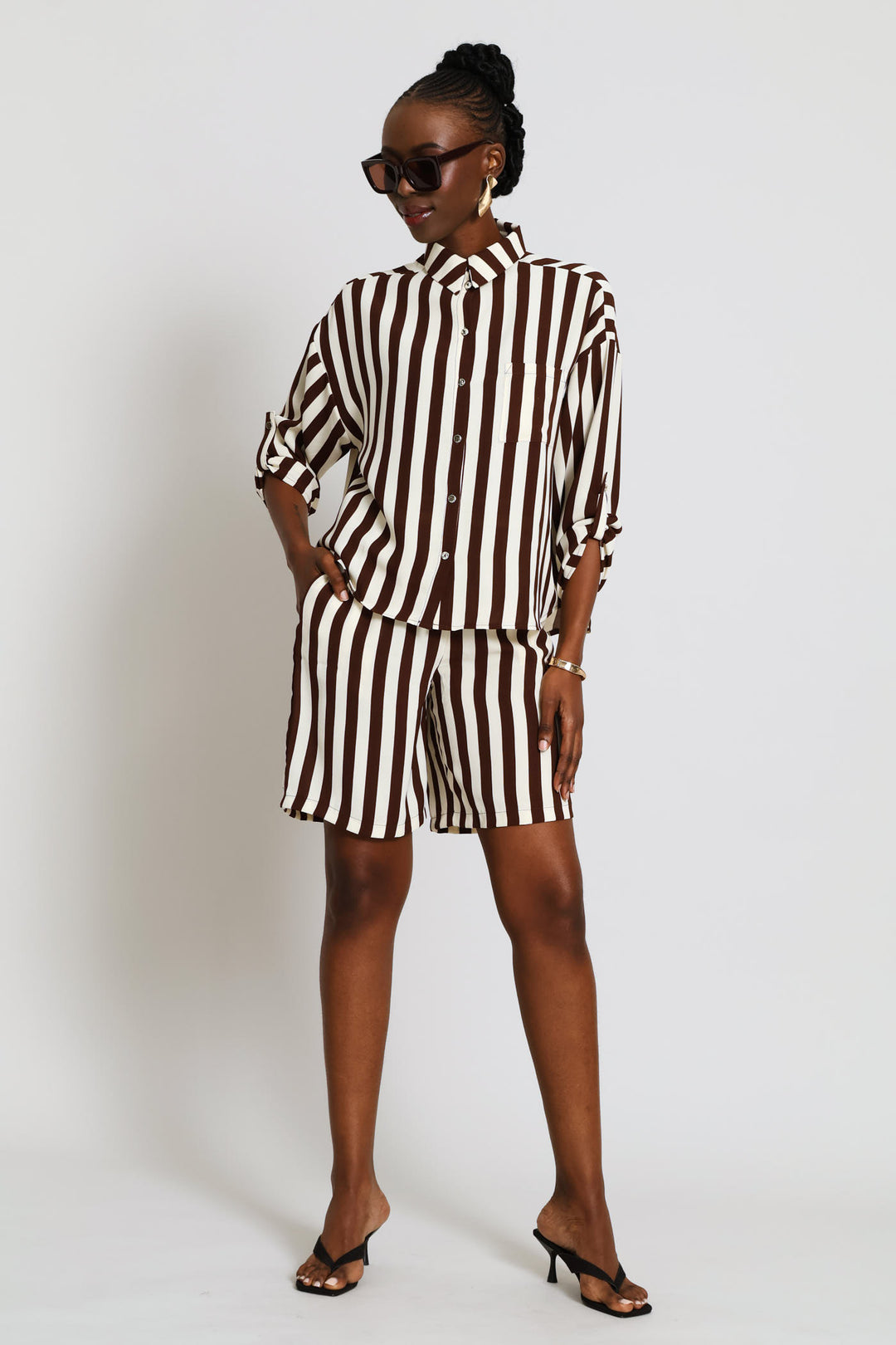 Long Sleeve Roll-up Relaxed Shirt - Dark Brown/Cream