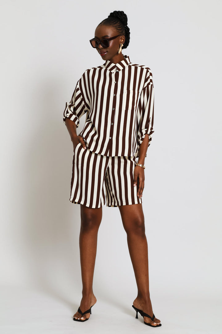 Long Sleeve Roll-up Relaxed Shirt - Dark Brown/Cream