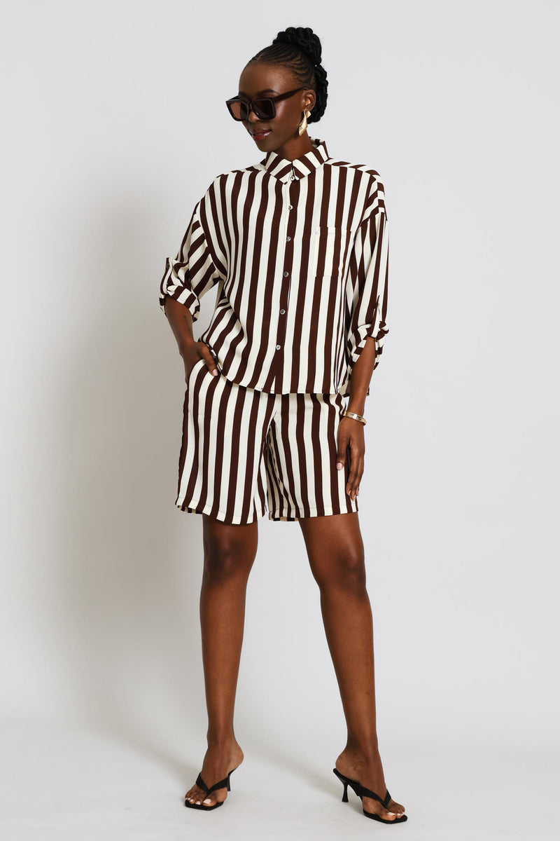Long Sleeve Roll-up Relaxed Shirt - Dark Brown/Cream