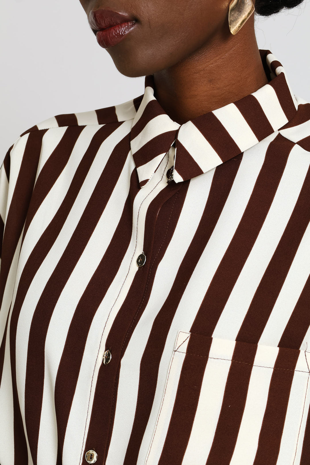 Long Sleeve Roll-up Relaxed Shirt - Dark Brown/Cream
