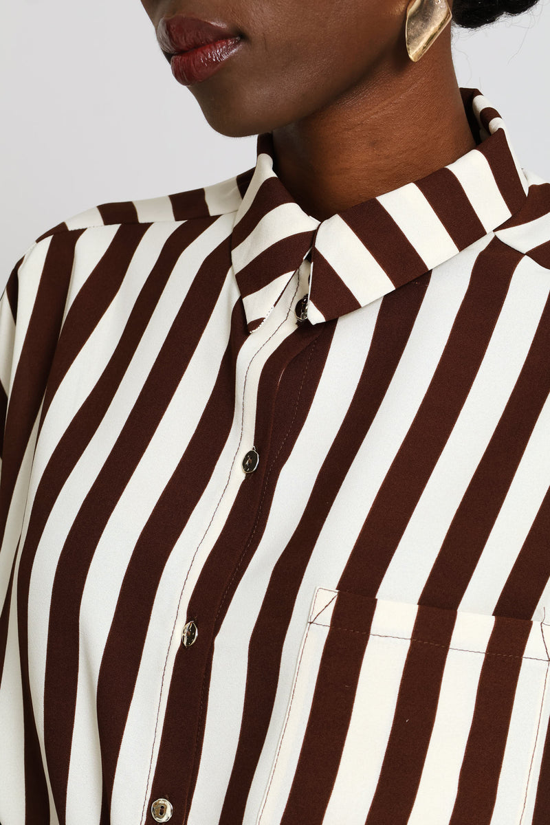 Long Sleeve Roll-up Relaxed Shirt - Dark Brown/Cream