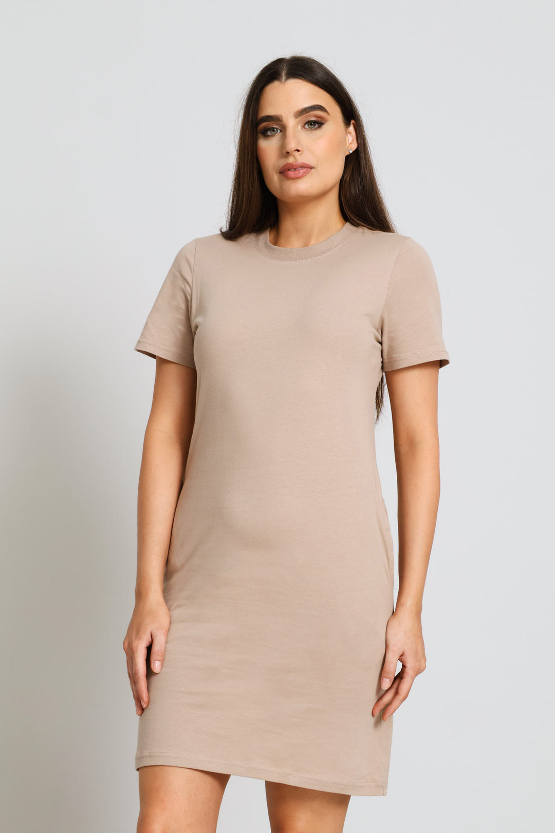 Crew Neck T-Shirt Dress - Dark Beige