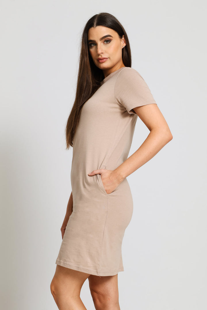 Crew Neck T-Shirt Dress - Dark Beige