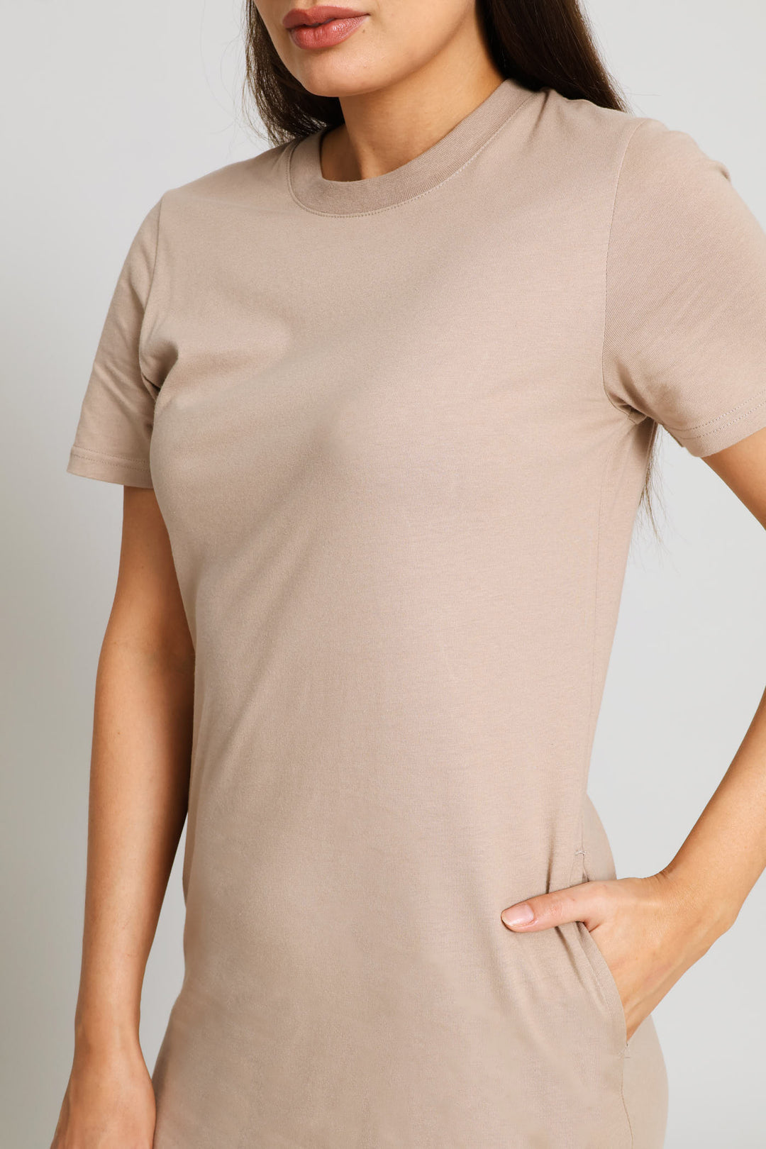 Crew Neck T-Shirt Dress - Dark Beige