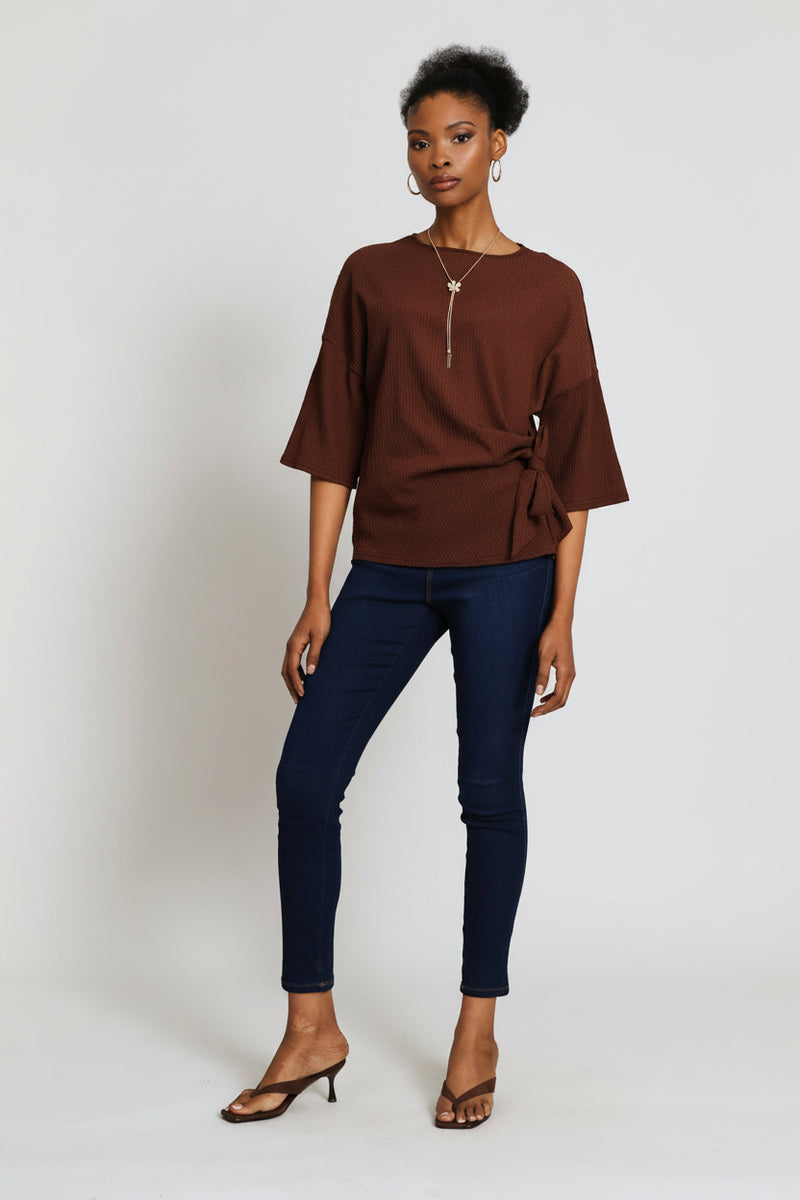 Tie-Front Boxy Crinkle Tee - Dark Chocolate