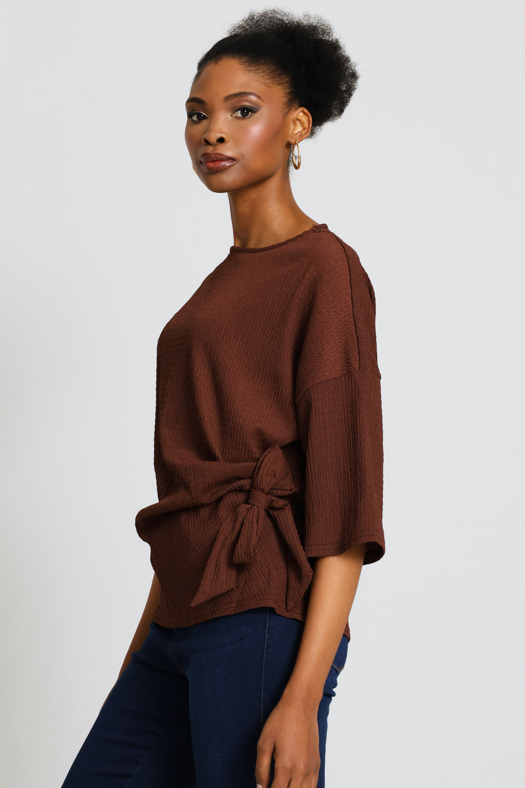 Tie-Front Boxy Crinkle Tee - Dark Chocolate