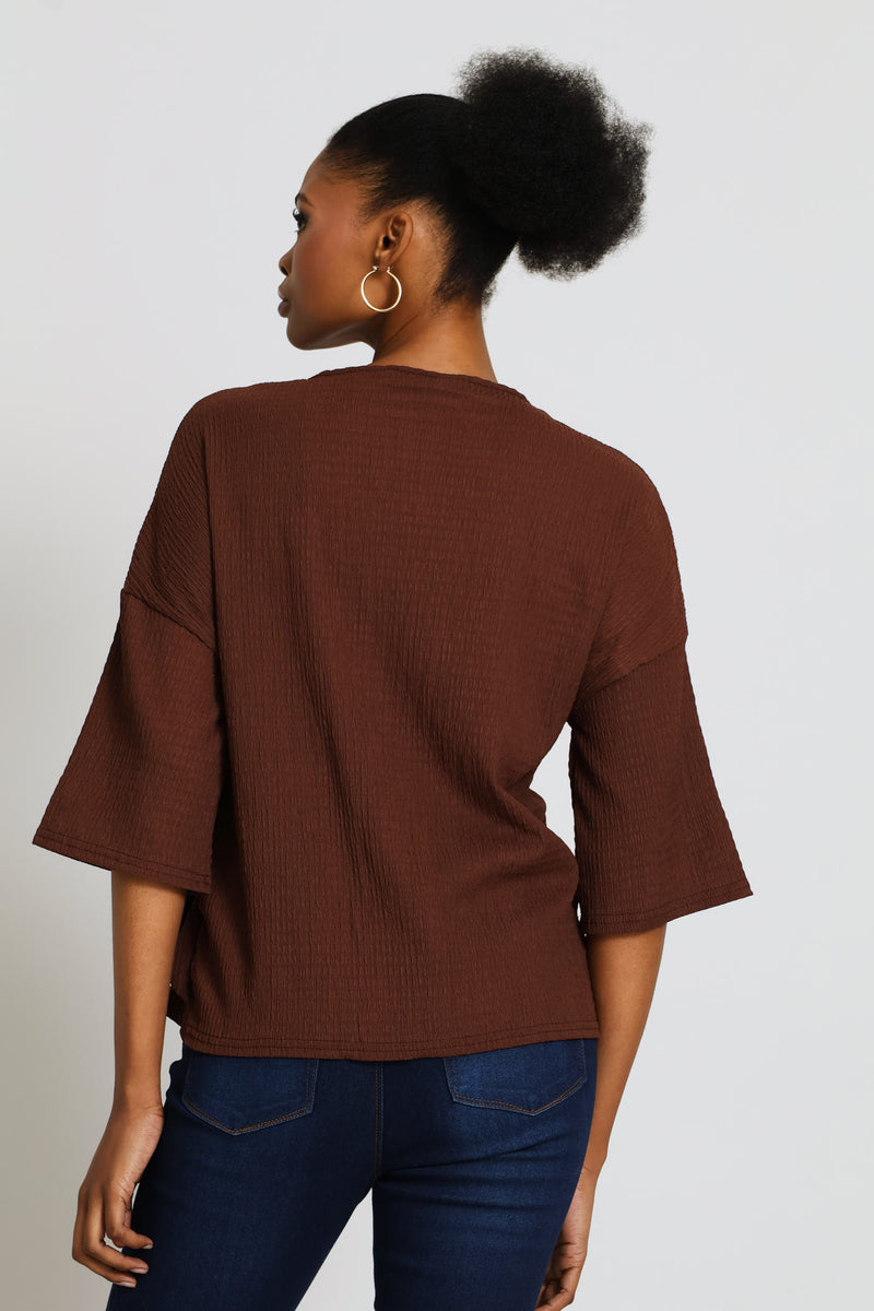 Tie-Front Boxy Crinkle Tee - Dark Chocolate