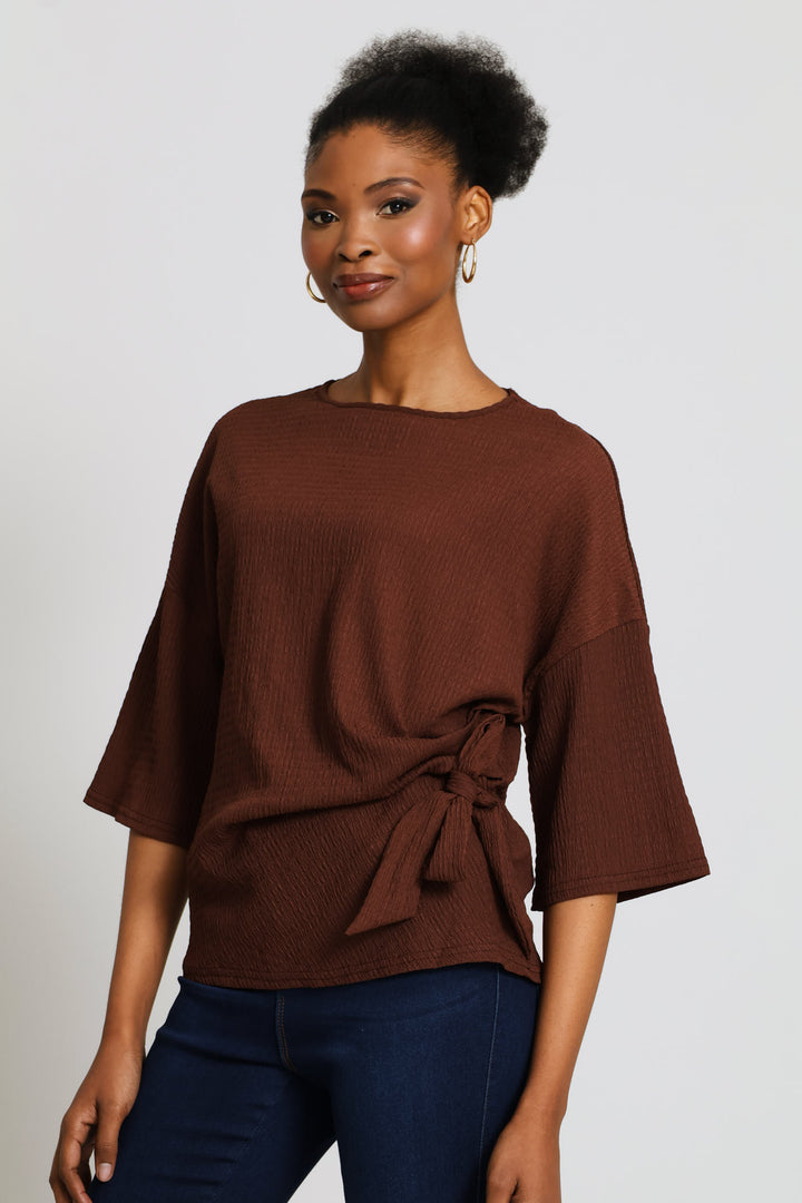 Tie-Front Boxy Crinkle Tee - Dark Chocolate