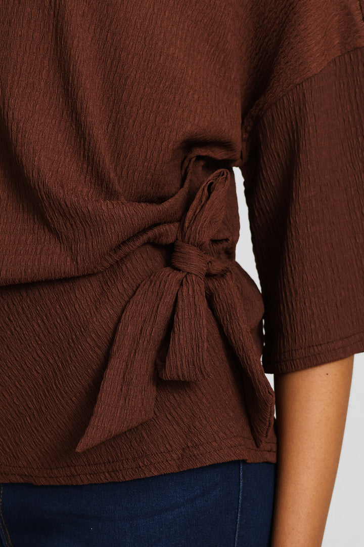 Tie-Front Boxy Crinkle Tee - Dark Chocolate