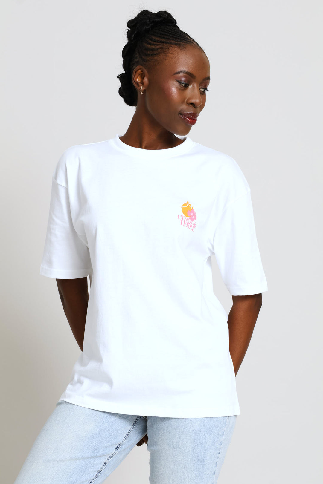 Oversized Rib Neck Back Screen Tee - White