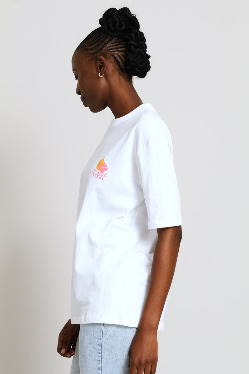 Oversized Rib Neck Back Screen Tee - White