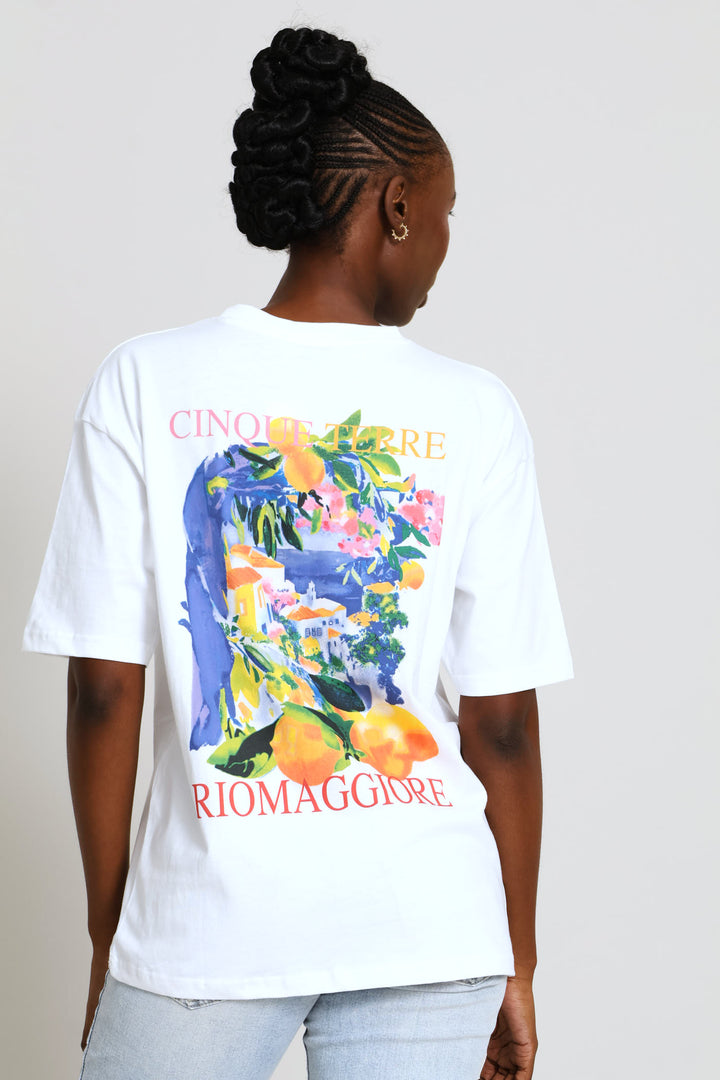Oversized Rib Neck Back Screen Tee - White