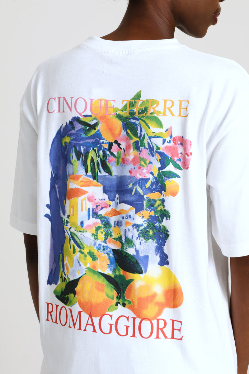 Oversized Rib Neck Back Screen Tee - White