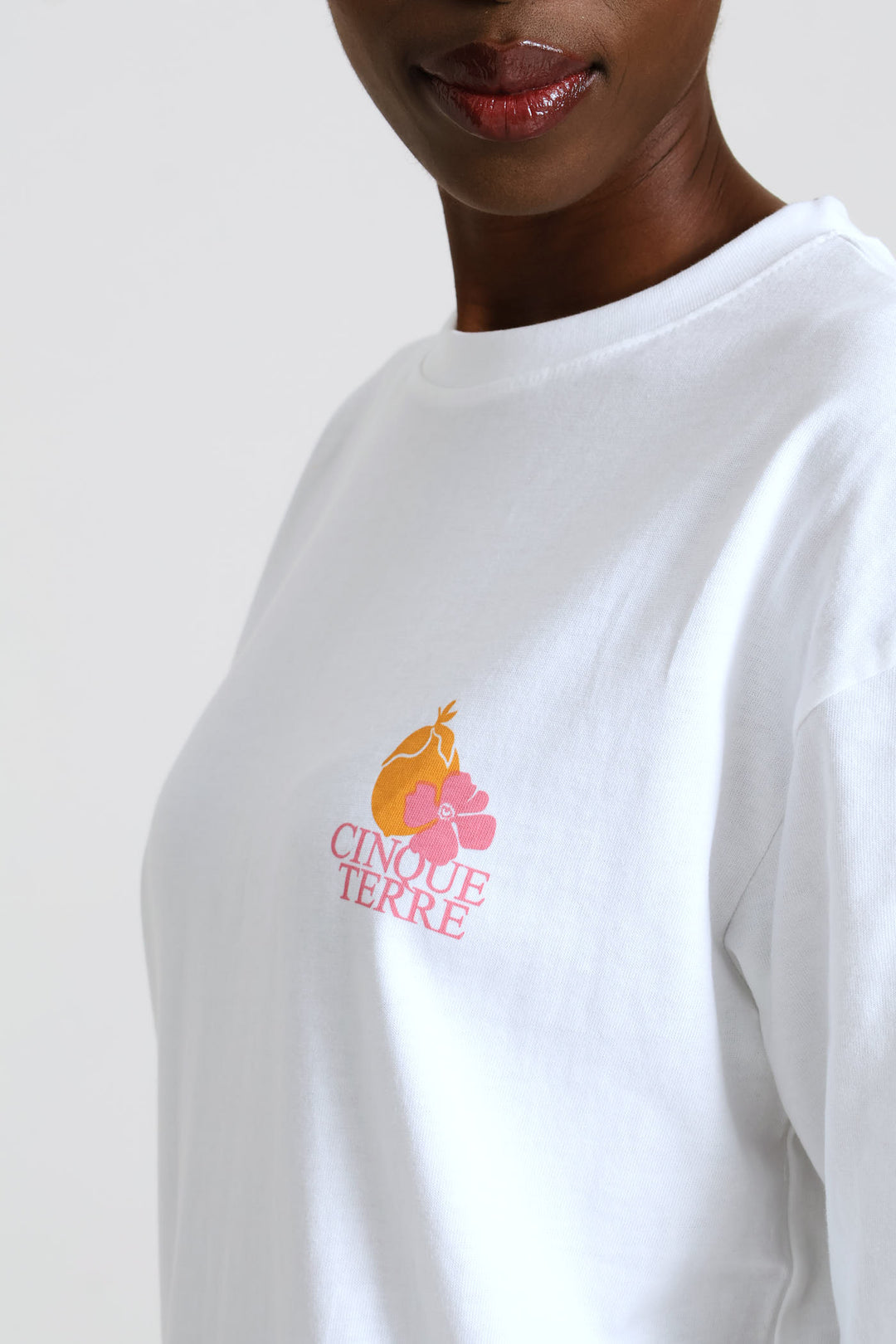 Oversized Rib Neck Back Screen Tee - White
