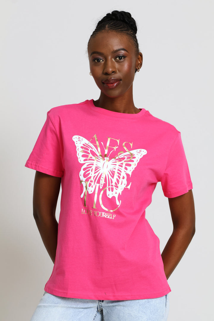Aesthic Butterfly Tee - Electric Pink