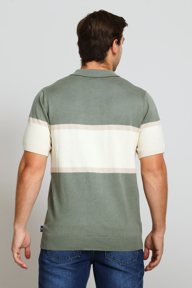 Stripe Fine Guage Golfer - Sage/Ecru/Taupe