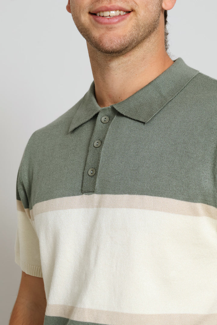 Stripe Fine Guage Golfer - Sage/Ecru/Taupe