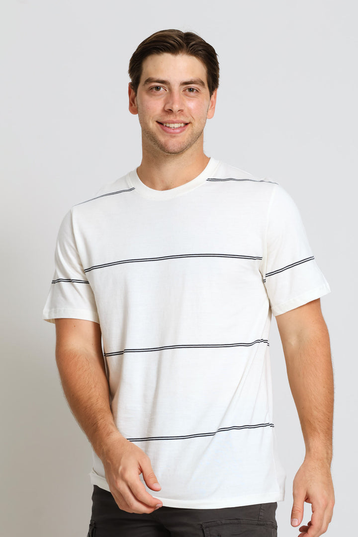 Double Thin Stripe Tee - Ecru/Navy